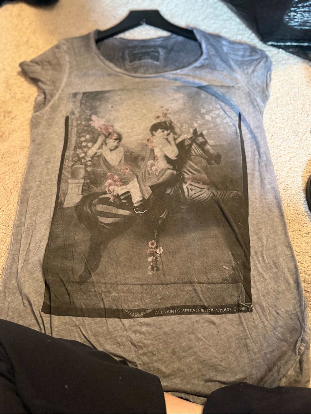 All Saints Grey Graphic Short Sleeve Tee with Carousel Print